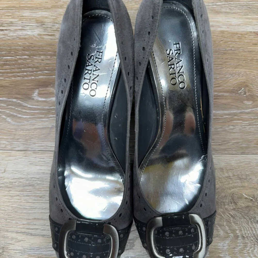 Franco Sarto Gray Suede Silver Buckle Block Heel Women's Size 8.5